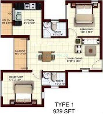 Floor plan of 2 BHK 929 Sq. Ft. Apartment in Marg Utsav, Chennai