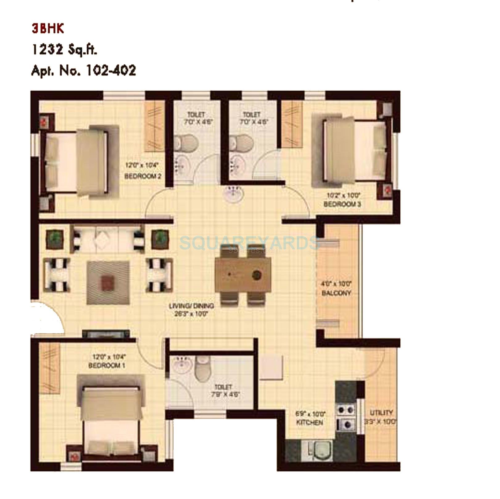 Floor plan of 3 BHK 1232 Sq. Ft. Apartment in Marg Utsav, Chennai