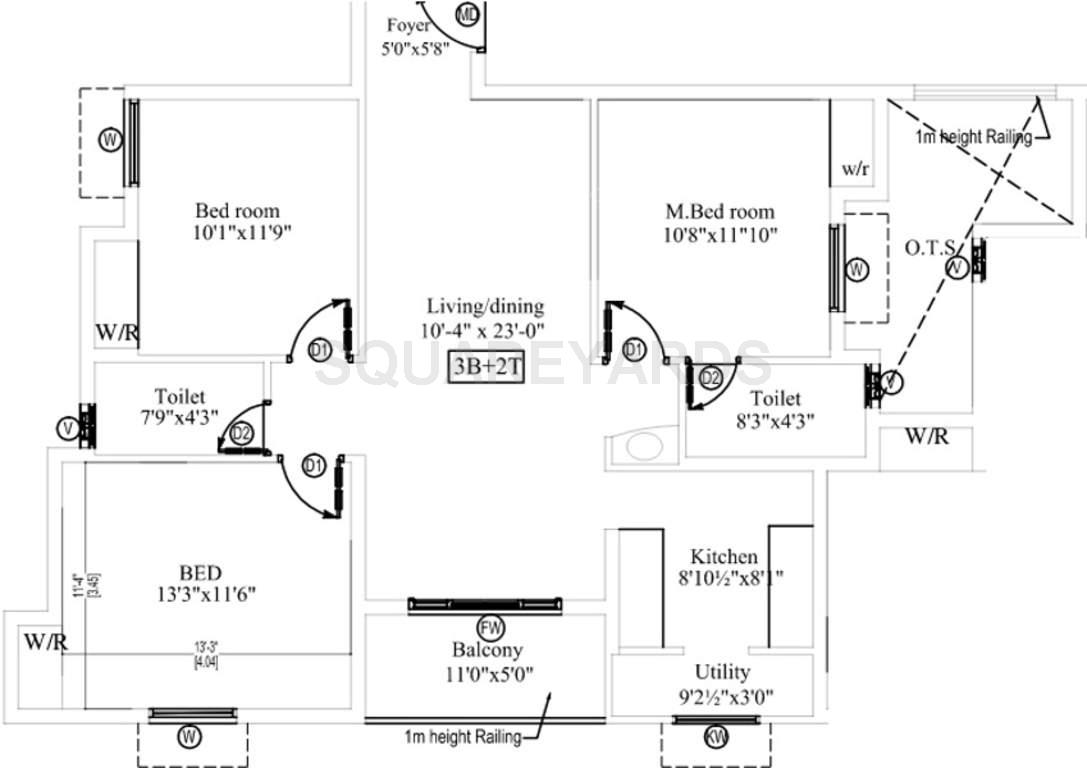 Floor plan of 3 BHK 1333 Sq. Ft. Apartment in Marutham Group Breeze, Chennai