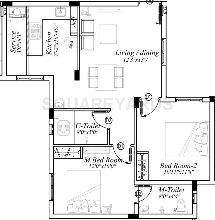 Floor plan of 2 BHK Apartment - 855 sq. ft. in Marutham Group Classic, Chennai