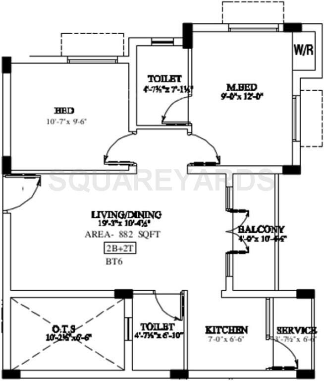 Floor plan of 2 BHK 882 Sq. Ft. Apartment in Marutham Group Heritage, Chennai