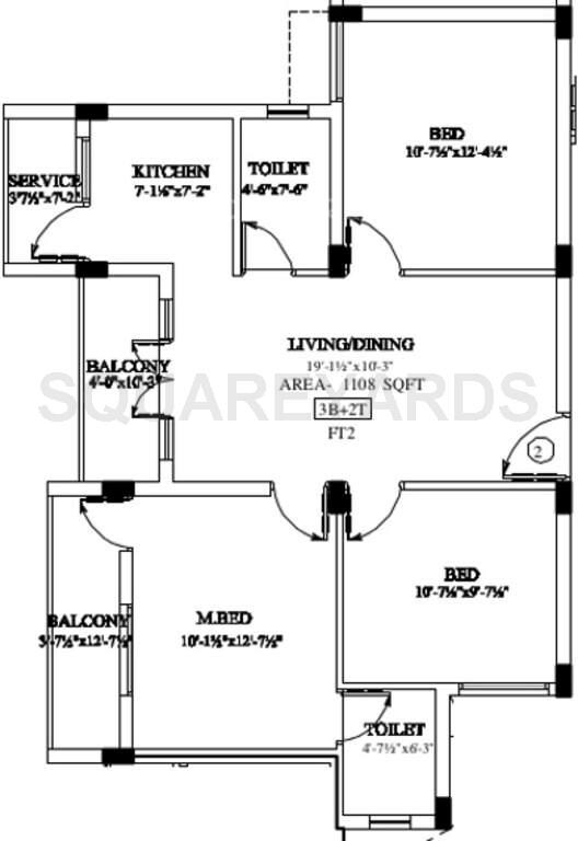 Floor plan of 3 BHK 1108 Sq. Ft. Apartment in Marutham Group Heritage, Chennai