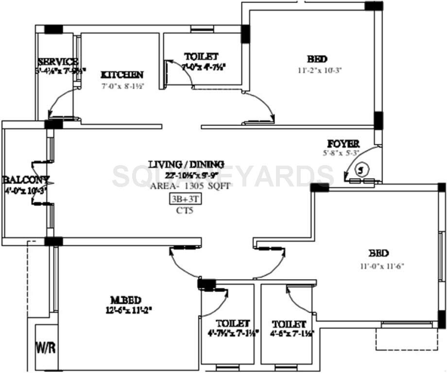 Floor plan of 3 BHK 1305 Sq. Ft. Apartment in Marutham Group Heritage, Chennai