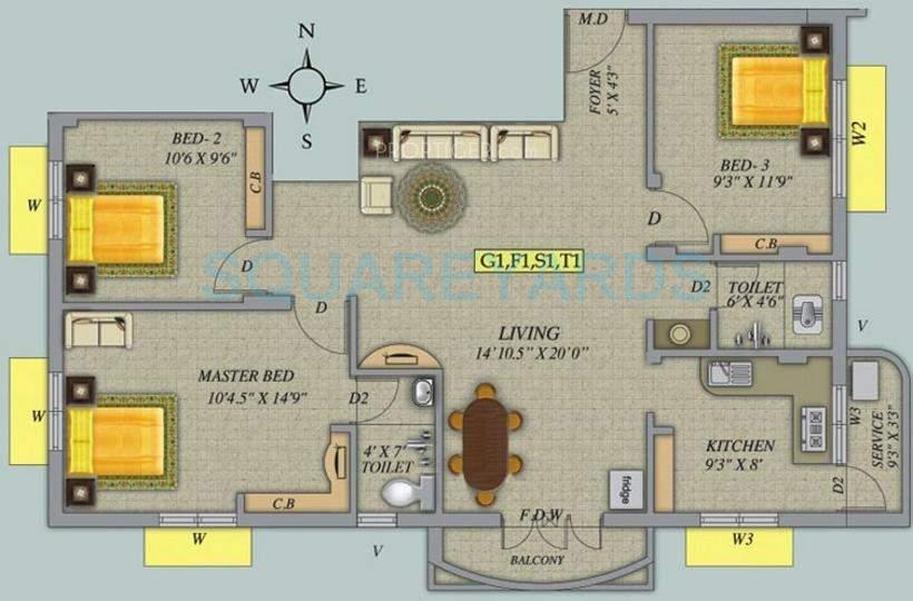 Floor plan of 3 BHK 1222 Sq. Ft. Apartment in Marutham Group Marutham Spring, Chennai