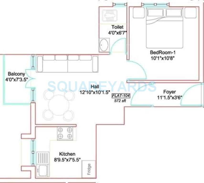 Floor plan of 1 BHK 572 Sq. Ft. Apartment in Marutham Group Marutham Westwoods, Chennai
