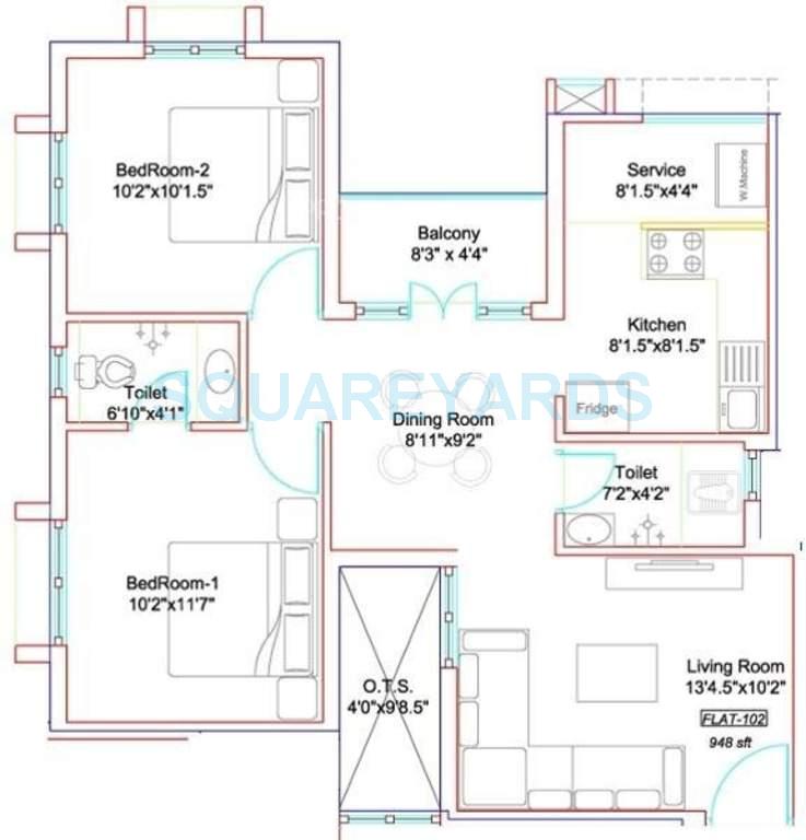 Floor plan of 2 BHK 948 Sq. Ft. Apartment in Marutham Group Marutham Westwoods, Chennai