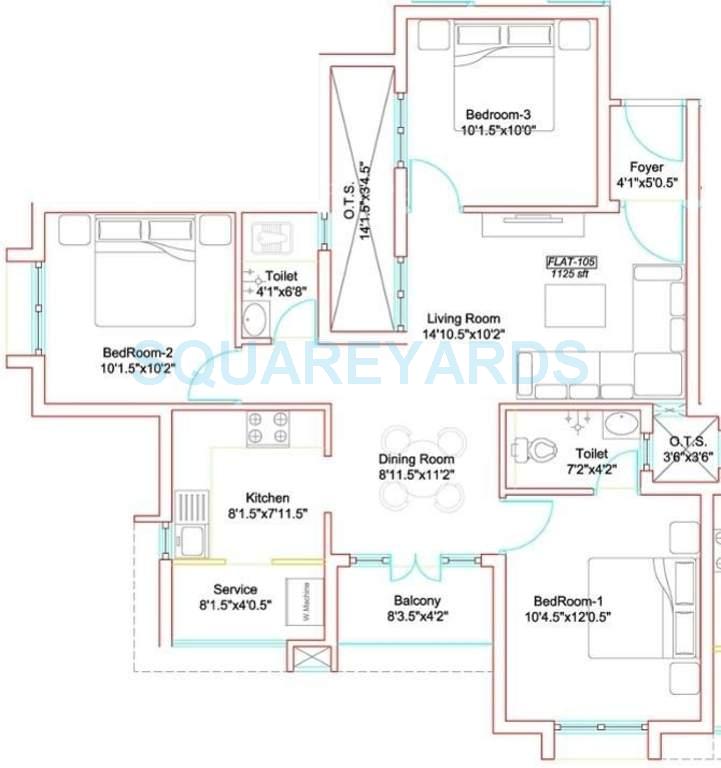 Floor plan of 3 BHK 1125 Sq. Ft. Apartment in Marutham Group Marutham Westwoods, Chennai