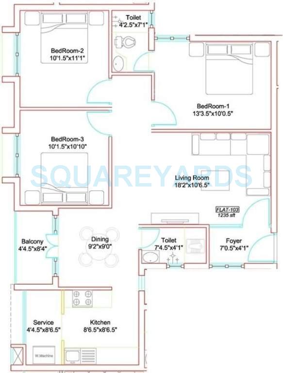 Floor plan of 3 BHK 1235 Sq. Ft. Apartment in Marutham Group Marutham Westwoods, Chennai