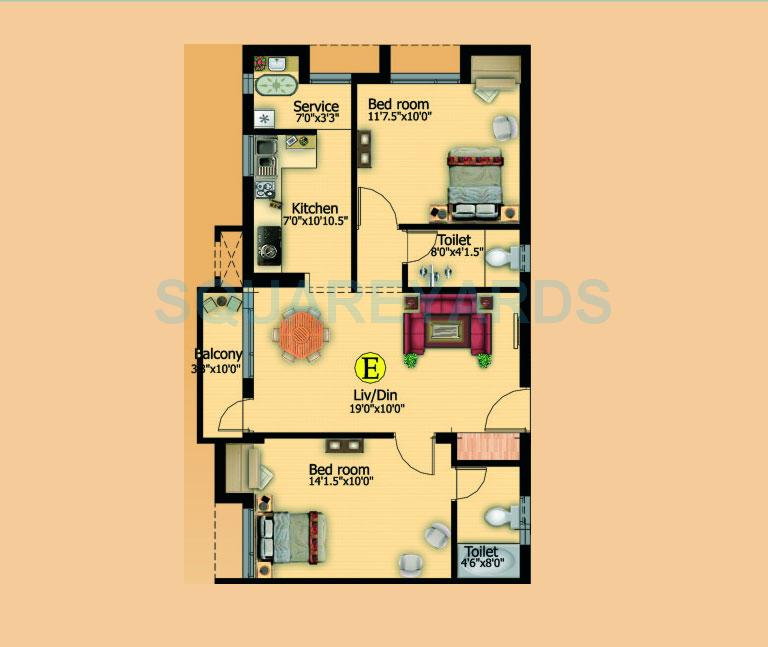 Floor plan of 2 BHK 944 Sq. Ft. Apartment in Marutham Group Paradise, Chennai