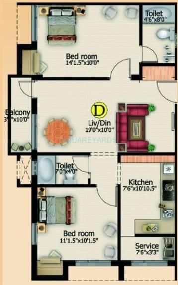 Floor plan of 2 BHK 990 Sq. Ft. Apartment in Marutham Group Paradise, Chennai