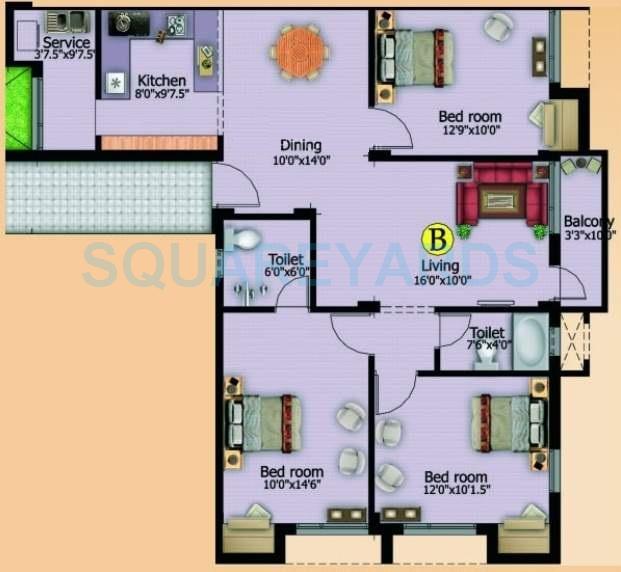 Floor plan of 3 BHK 1315 Sq. Ft. Apartment in Marutham Group Paradise, Chennai
