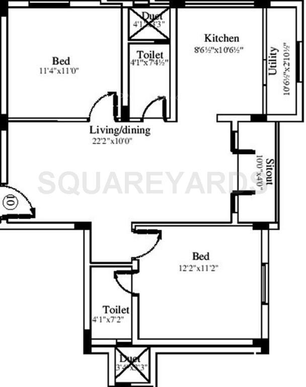 Floor plan of 2 BHK 1080 Sq. Ft. Apartment in Marutham Group Royal Woods, Chennai