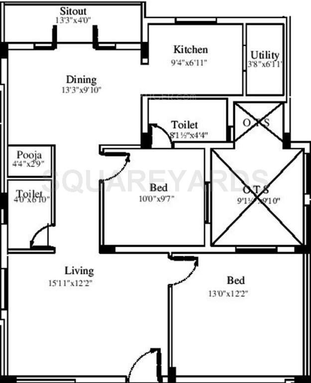 Floor plan of 2 BHK 1182 Sq. Ft. Apartment in Marutham Group Royal Woods, Chennai