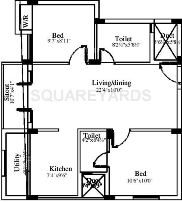 Floor plan of 2 BHK 923 Sq. Ft. Apartment in Marutham Group Royal Woods, Chennai