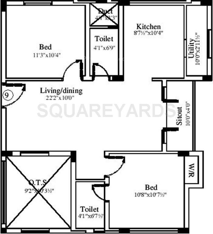 Floor plan of 2 BHK 989 Sq. Ft. Apartment in Marutham Group Royal Woods, Chennai