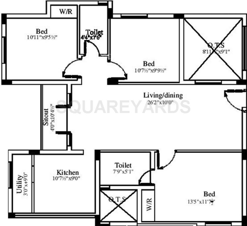 Floor plan of 3 BHK 1243 Sq. Ft. Apartment in Marutham Group Royal Woods, Chennai