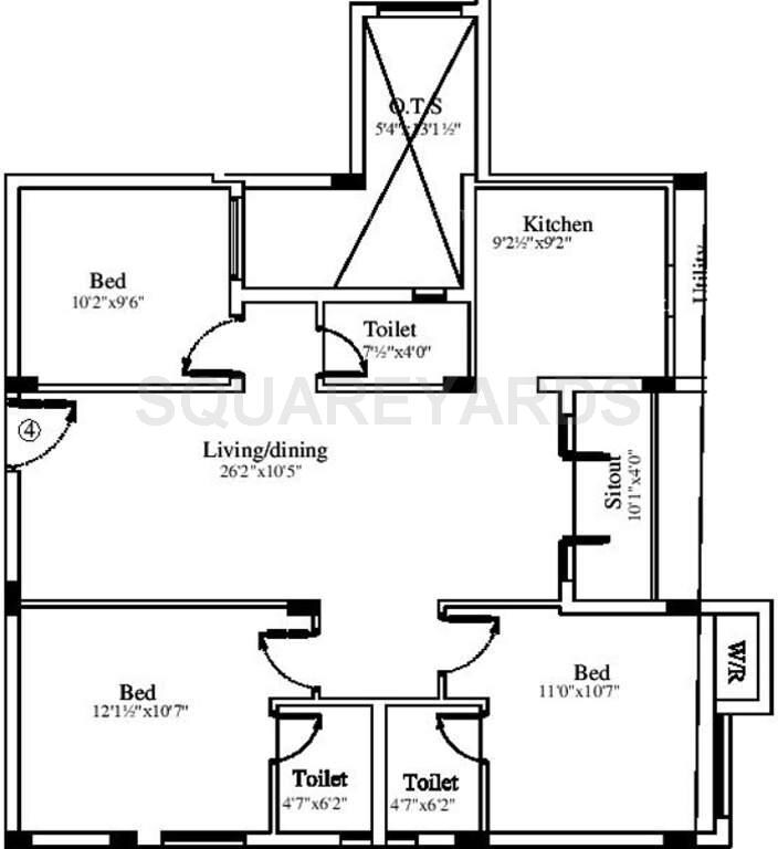 Floor plan of 3 BHK 1308 Sq. Ft. Apartment in Marutham Group Royal Woods, Chennai