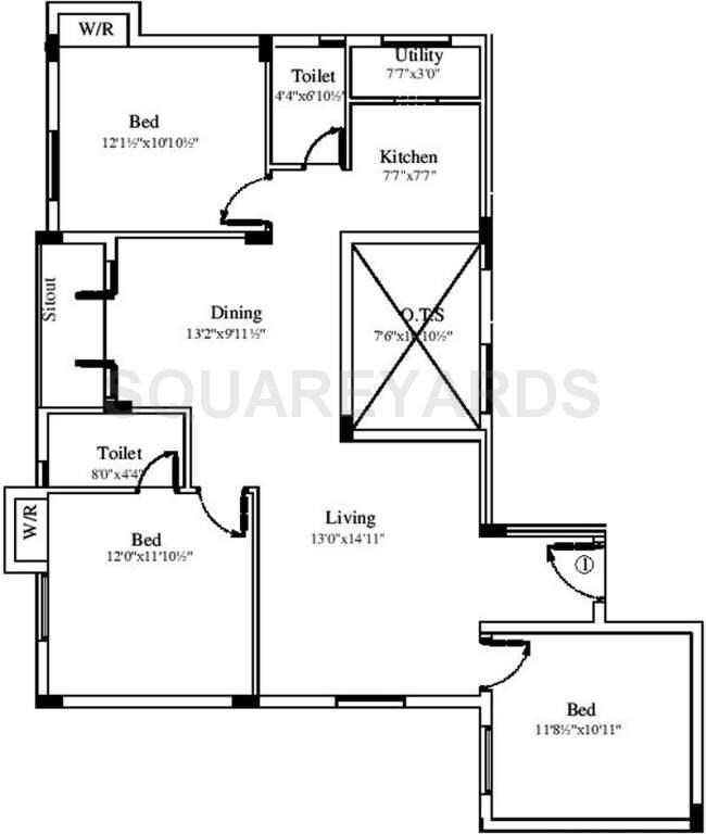 Floor plan of 3 BHK 1428 Sq. Ft. Apartment in Marutham Group Royal Woods, Chennai