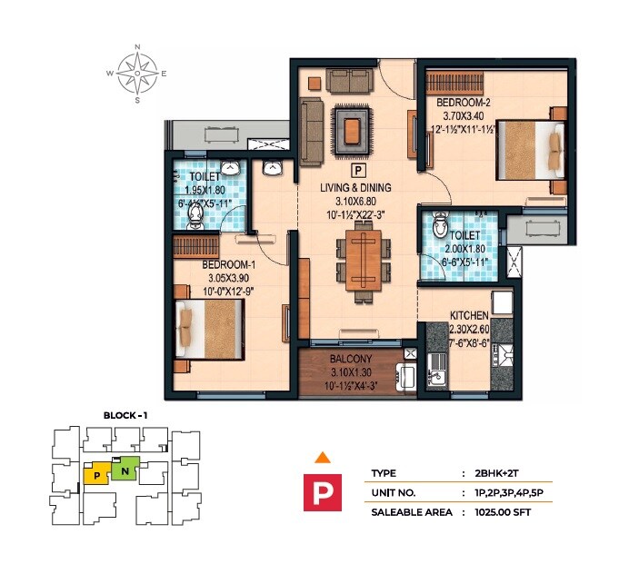 Floor plan of 2 BHK 1025 Sq. Ft. Apartment in Marutham Neptune, Chennai