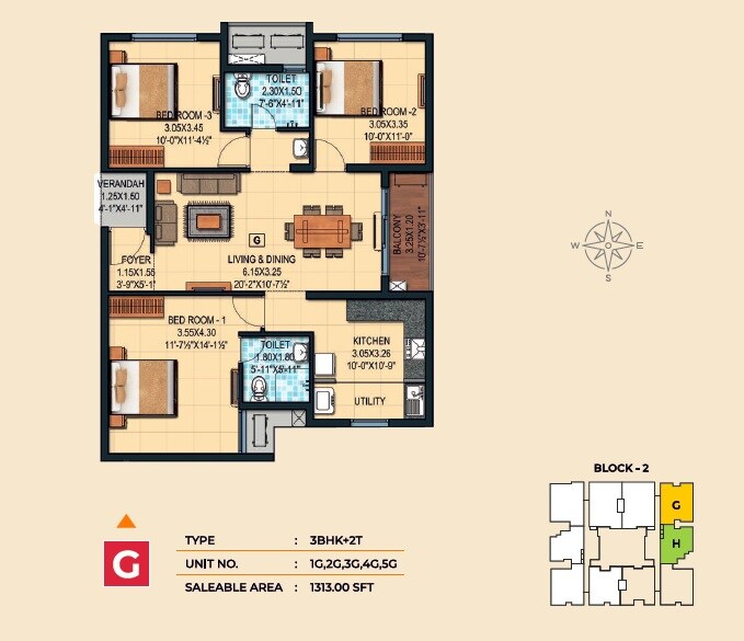 Floor plan of 3 BHK 1313 Sq. Ft. Apartment in Marutham Neptune, Chennai