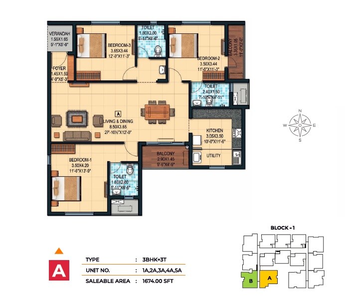Floor plan of 3 BHK 1674 Sq. Ft. Apartment in Marutham Neptune, Chennai