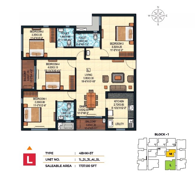 Floor plan of 4 BHK 1737 Sq. Ft. Apartment in Marutham Neptune, Chennai