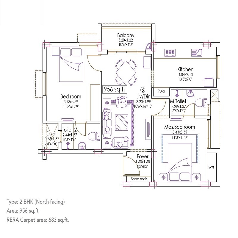 2 BHK 956 Sq. Ft. Apartment