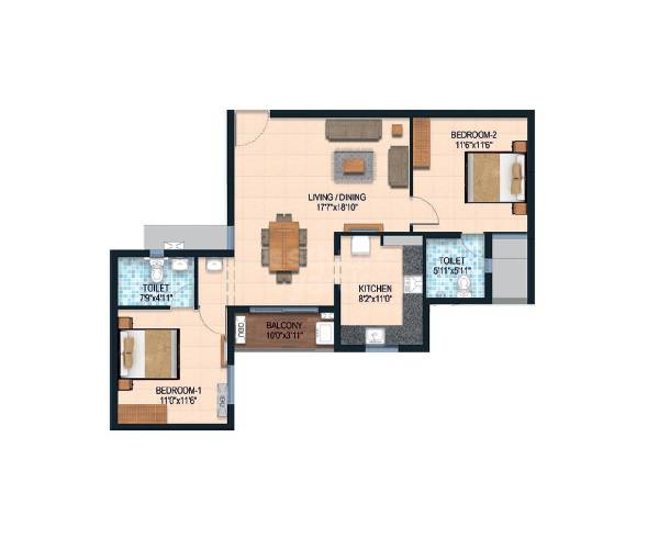 Floor plan of 2 BHK 1061 Sq. Ft. Apartment in Marutham Royal Gardens, Chennai