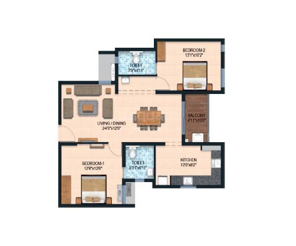 Floor plan of 2 BHK 1212 Sq. Ft. Apartment in Marutham Royal Gardens, Chennai