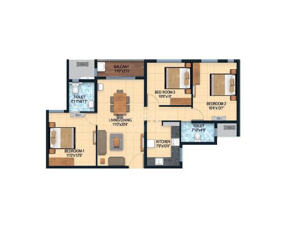 Floor plan of 3 BHK 1235 Sq. Ft. Apartment in Marutham Royal Gardens, Chennai