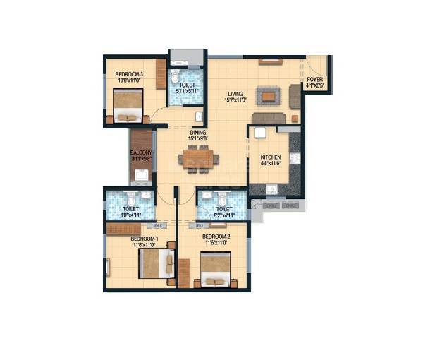 Floor plan of 3 BHK 1483 Sq. Ft. Apartment in Marutham Royal Gardens, Chennai