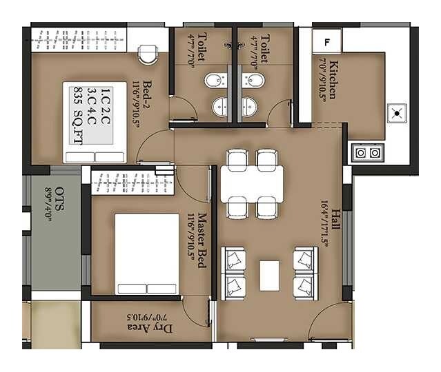 Floor plan of 2 BHK 835 Sq. Ft. Apartment in Maxis Atrium, Chennai