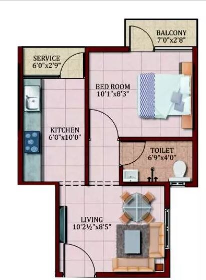 Floor plan of 1 BHK 441 Sq. Ft. Apartment in MCB Marvel, Chennai