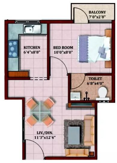 Floor plan of 1 BHK 450 Sq. Ft. Apartment in MCB Marvel, Chennai