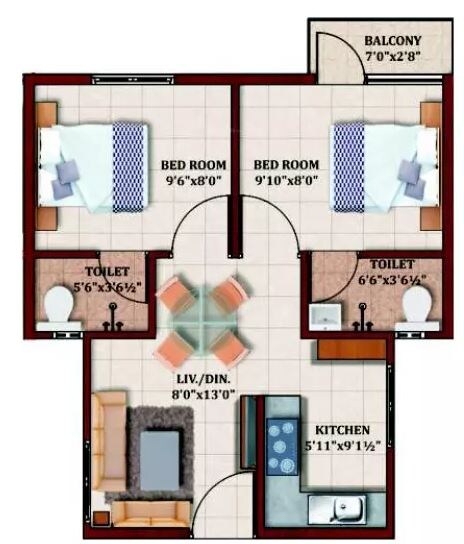 Floor plan of 2 BHK 535 Sq. Ft. Apartment in MCB Marvel, Chennai