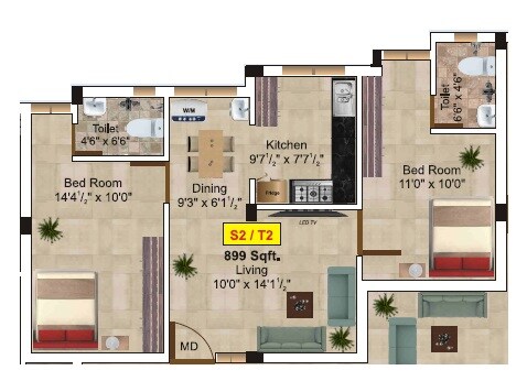 Floor plan of 2 BHK 899 Sq. Ft. Apartment in Minerva Rangalaya, Chennai