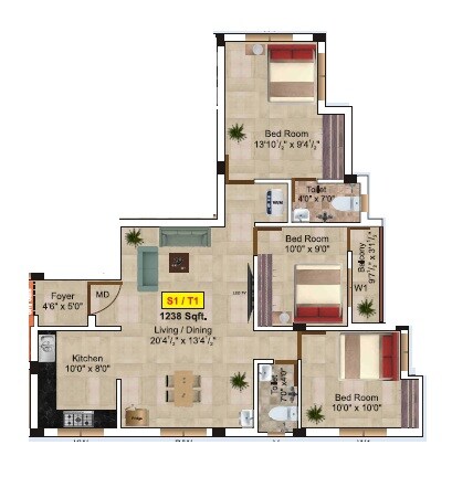 3 BHK 1238 Sq. Ft. Apartment