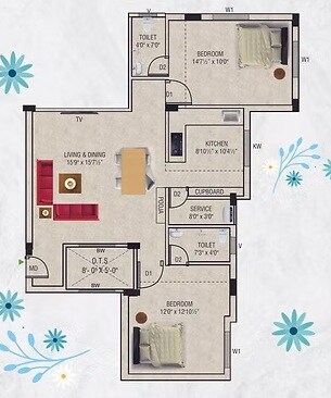 Floor plan of 2 BHK 1071 Sq. Ft. Apartment in Minerva Vasantham, Chennai