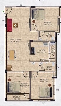 Floor plan of 3 BHK 1185 Sq. Ft. Apartment in Minerva Vasantham, Chennai