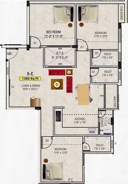 Floor plan of 3 BHK 1360 Sq. Ft. Apartment in Minerva Vasantham, Chennai