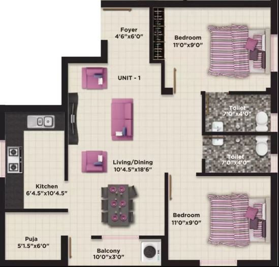 Floor plan of 2 BHK 874 Sq. Ft. Apartment in MLR Ravana Homes, Chennai