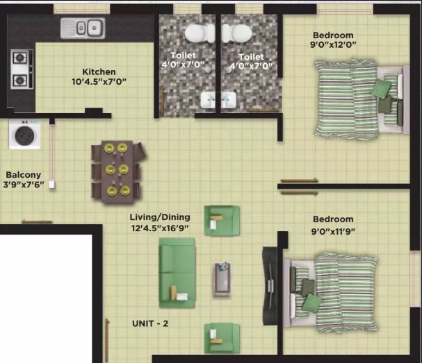 Floor plan of 2 BHK 938 Sq. Ft. Apartment in MLR Ravana Homes, Chennai