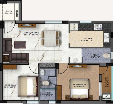 Floor plan of 2 BHK 1020 Sq. Ft. Apartment in MP Merlin, Chennai