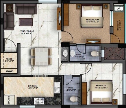 Floor plan of 2 BHK 1074 Sq. Ft. Apartment in MP Merlin, Chennai