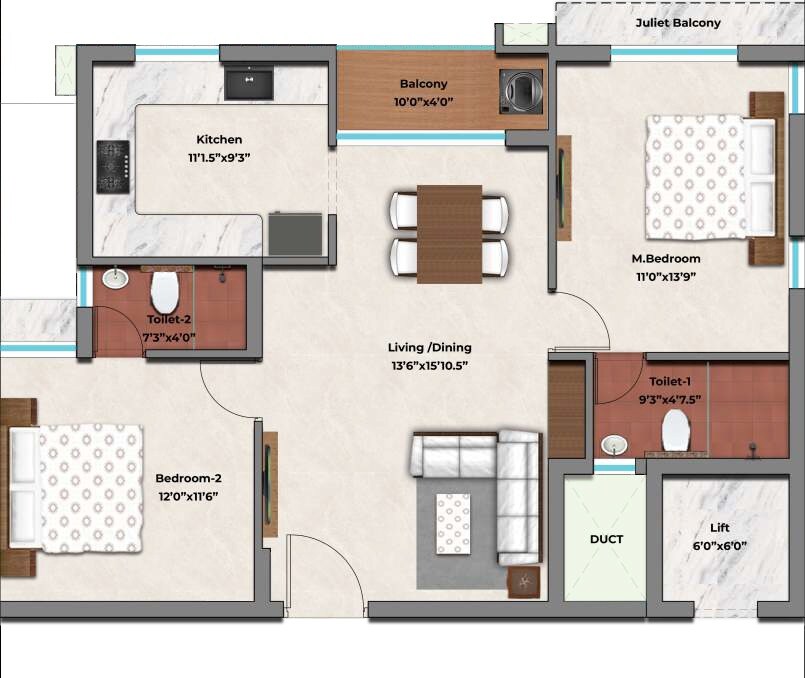 Floor plan of 2 BHK 1162 Sq. Ft. Apartment in MP Valas 27, Chennai