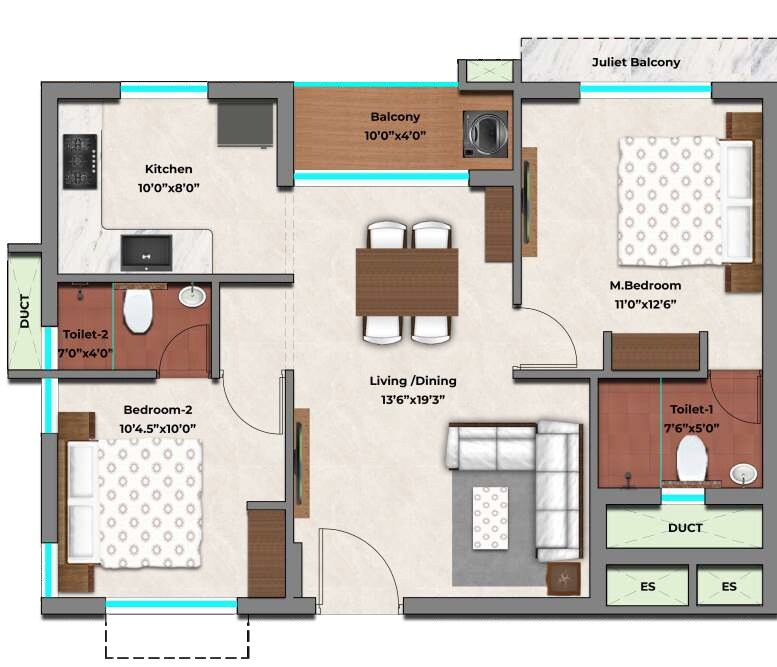 Floor plan of 2 BHK 993 Sq. Ft. Apartment in MP Valas 27, Chennai