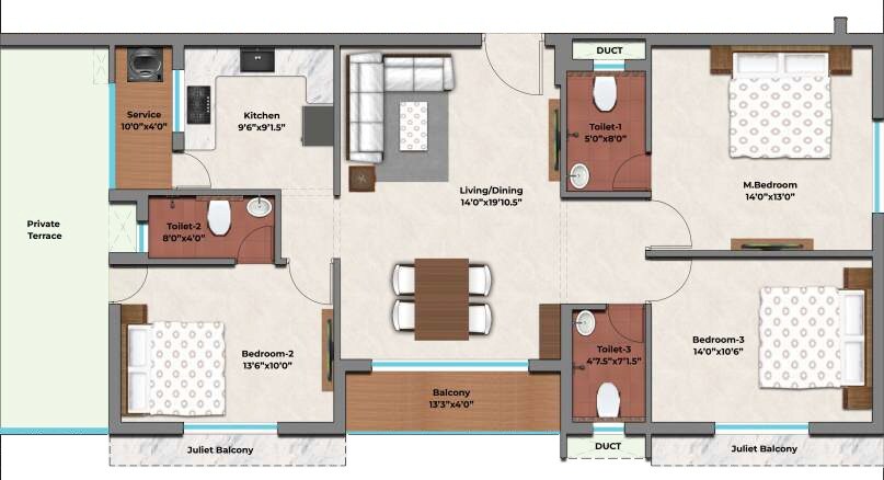 Floor plan of 3 BHK 1578 Sq. Ft. Apartment in MP Valas 27, Chennai