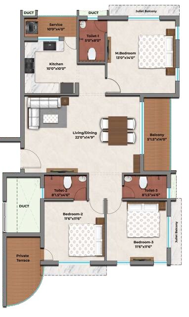 Floor plan of 3 BHK 1743 Sq. Ft. Apartment in MP Valas 27, Chennai