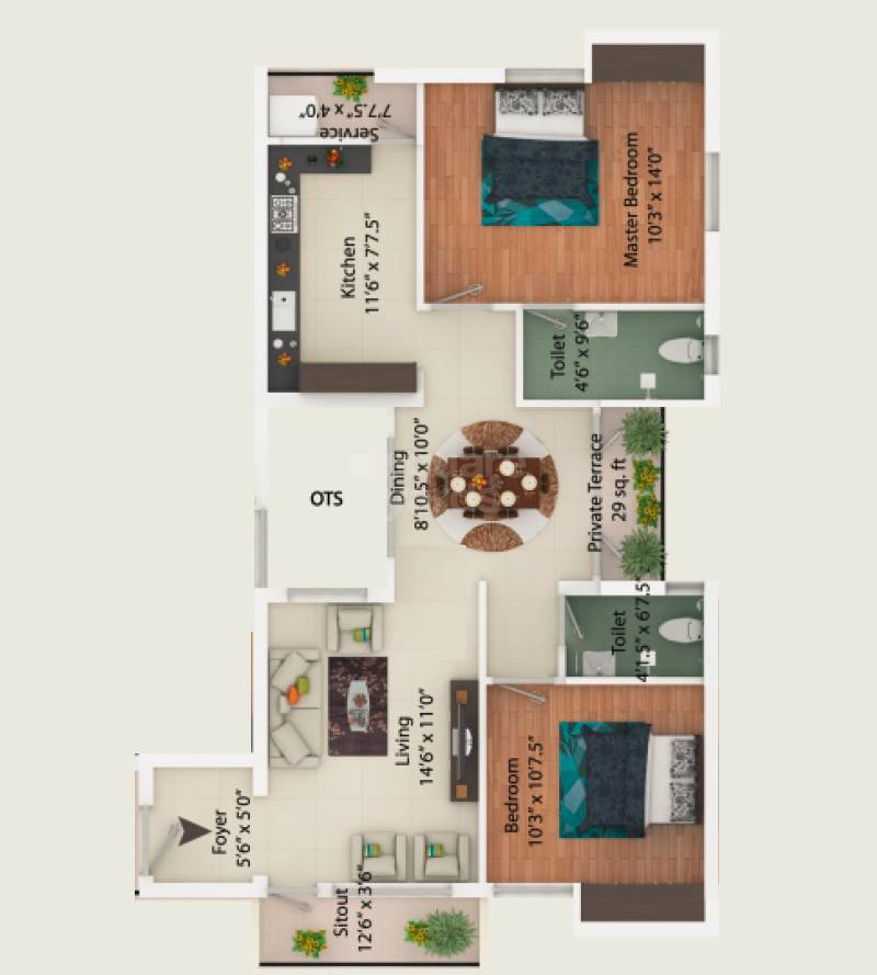 Floor plan of 2 BHK 1080 Sq. Ft. Apartment in My Home Nakshatra, Chennai