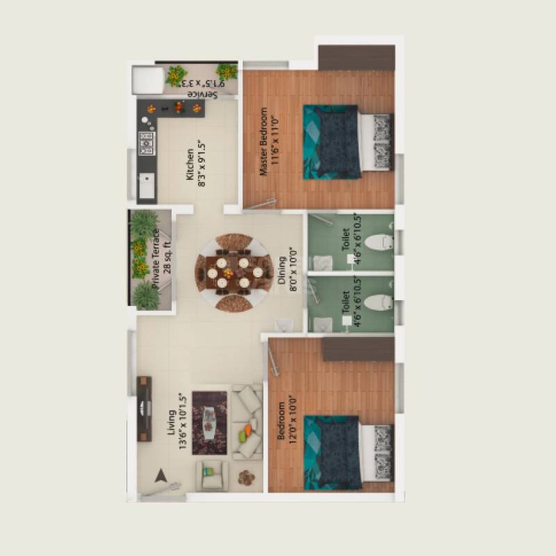 Floor plan of 2 BHK 962 Sq. Ft. Apartment in My Home Nakshatra, Chennai